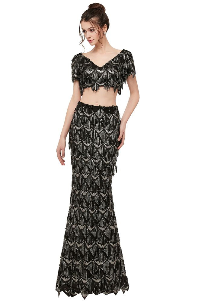 Two-piece Mermaid V-neck Short Sleeves Long Sequined Black Prom Dresses - View 9 | VelvetHem