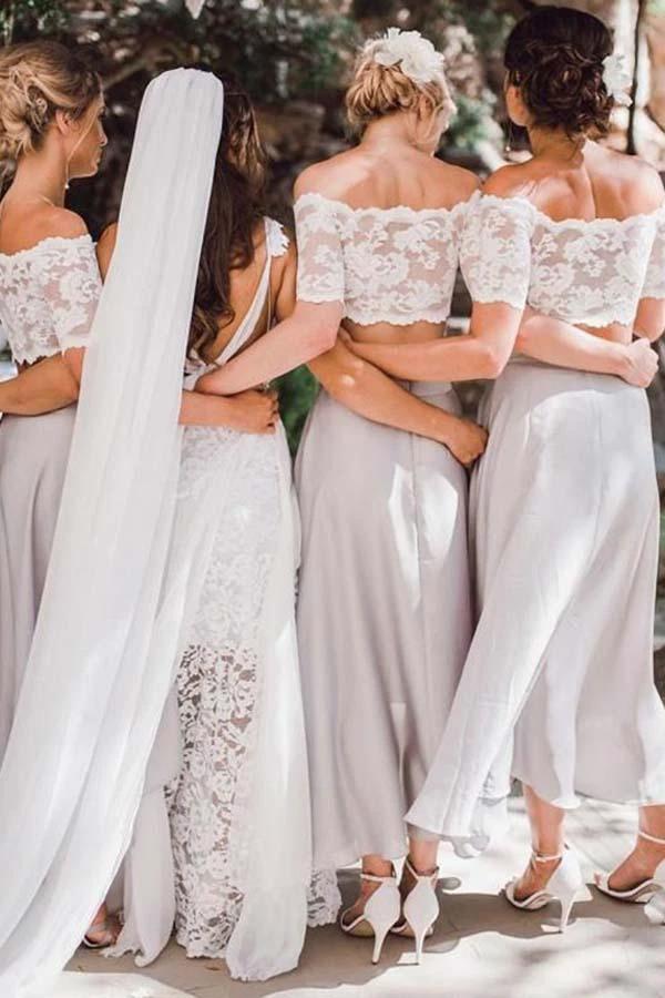 Two Piece Off-the-Shoulder Grey Chiffon Bridesmaid Dress with Lace (ZD13227)