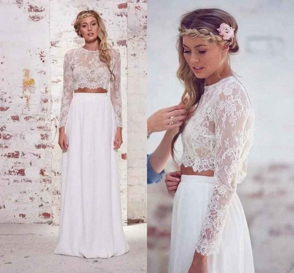 Two Pieces Long Sleeves Lace White Beach Wedding Bridal Dresses (ZD15351)