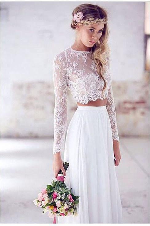 Two Pieces Long Sleeves Lace White Beach Wedding Bridal Dresses (ZD15351)