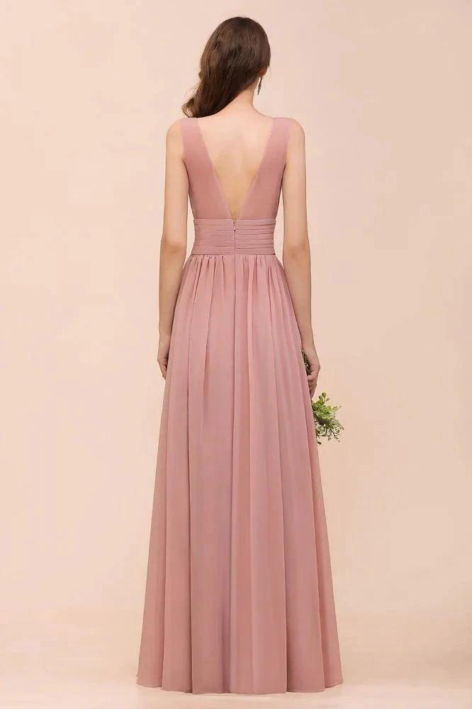 U-Neck High Waist Bridesmaid Dress Long Chiffon Formal Party Dress (ZD13017)