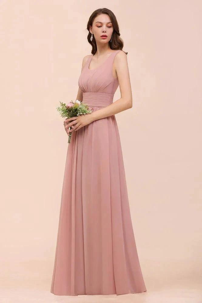U-Neck High Waist Bridesmaid Dress Long Chiffon Formal Party Dress (ZD13017)