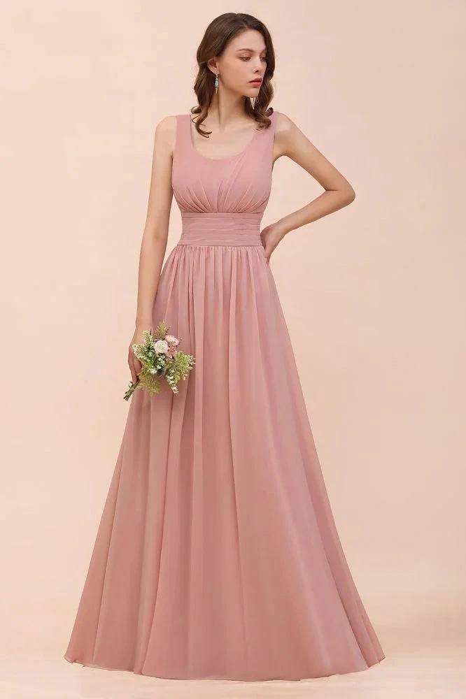U-Neck High Waist Bridesmaid Dress Long Chiffon Formal Party Dress (ZD13017)