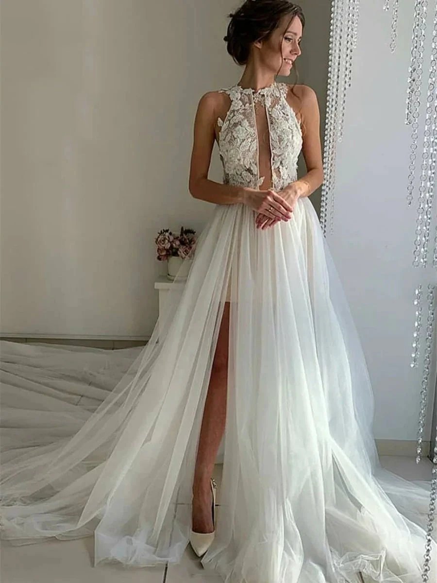 Unique A-line High Neck Lace Tulle Long Wedding Dresses with Slit (ZD16737)