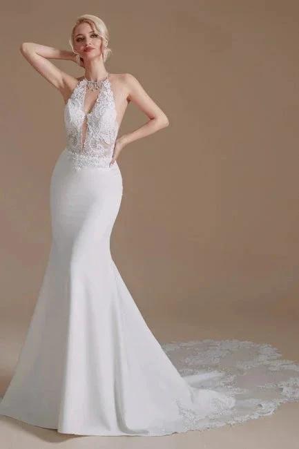 Unique Halter Sleeveless Mermaid Floor-Length Satin Wedding Dresses with Pattern (ZD14661)