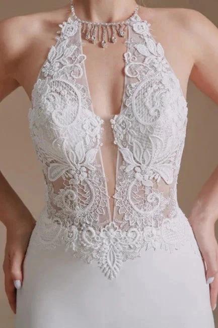 Unique Halter Sleeveless Mermaid Floor-Length Satin Wedding Dresses with Pattern (ZD14661)