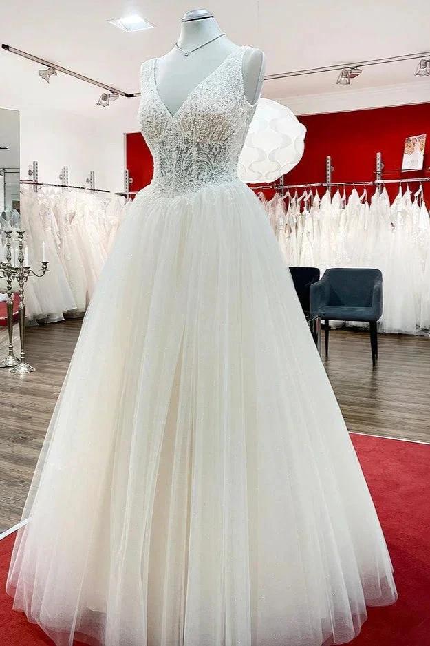 Unique Ivory Long Princess V-neck Tulle Lace Wedding Dress (ZD14274)