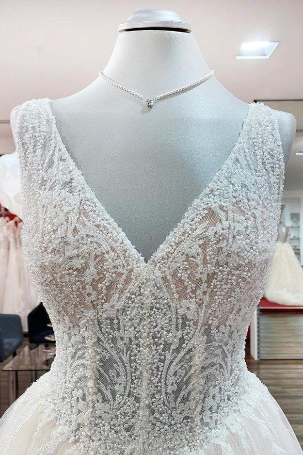 Unique Ivory Long Princess V-neck Tulle Lace Wedding Dress (ZD14274)