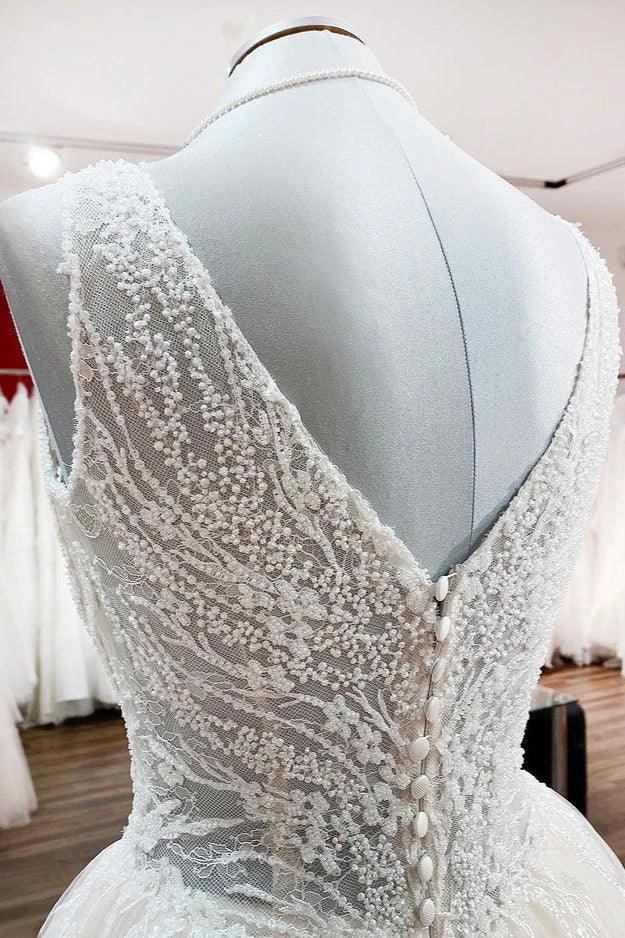 Unique Ivory Long Princess V-neck Tulle Lace Wedding Dress (ZD14274)