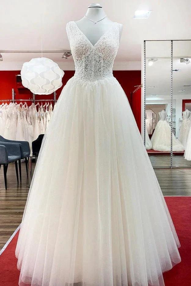 Unique Ivory Long Princess V-neck Tulle Lace Wedding Dress (ZD14274)