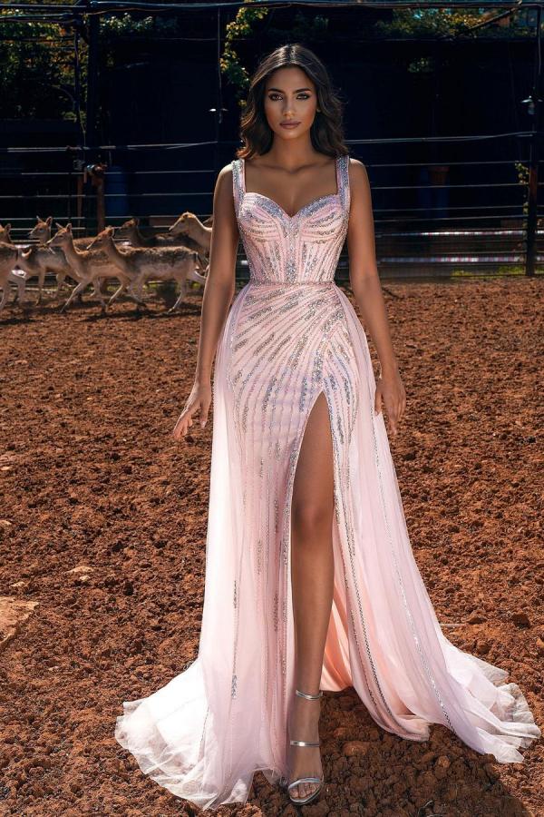 Unique Long A-Line Sweetheart Tulle Beads Prom Dress with Slit - VelvetHem