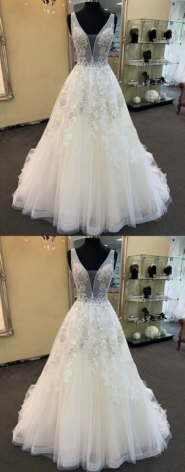 Unique Long A-line Tulle V Neck Beaded Lace Wedding Dress (ZD15818)