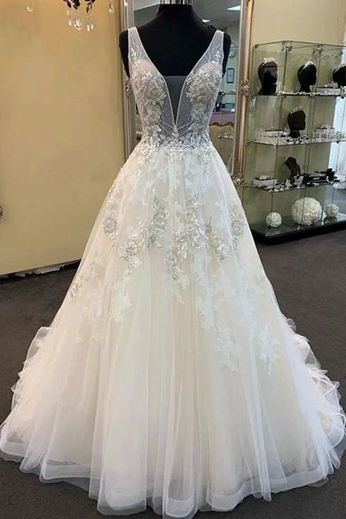 Unique Long A-line Tulle V Neck Beaded Lace Wedding Dress (ZD15818)