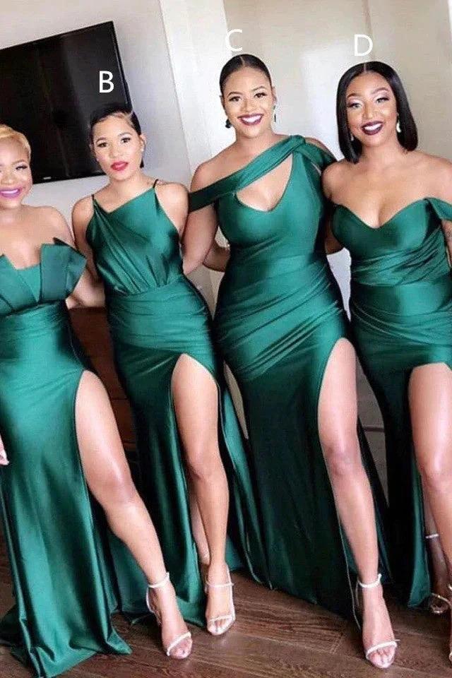 Unique Off-the-shoulder Strapless Emerald Green Elastic Satin Long Bridesmaid Dress by misshow.com