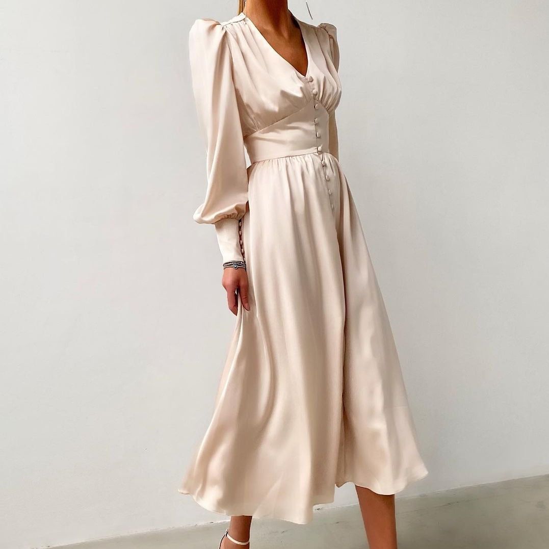 Angela Lantern Sleeve Satin Midi Dress
