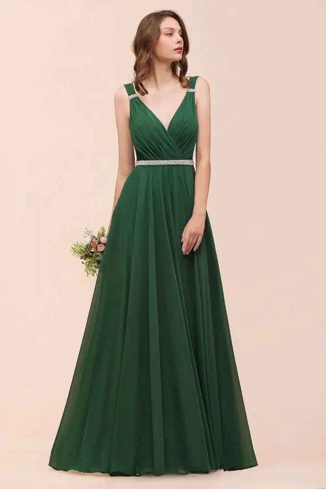 V-Neck A-line Dark Green Bridesmaid Dress Rhinestone Waist Belt (ZD13000)