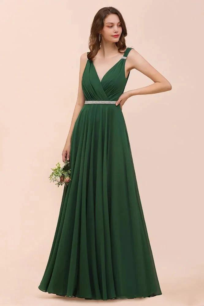 V-Neck A-line Dark Green Bridesmaid Dress Rhinestone Waist Belt by misshow.com