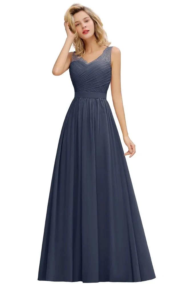 V-Neck Aline Ruffle Chiffon Bridesmaid Dress Sleeveless Floral Evening Swing Dress by misshow.com