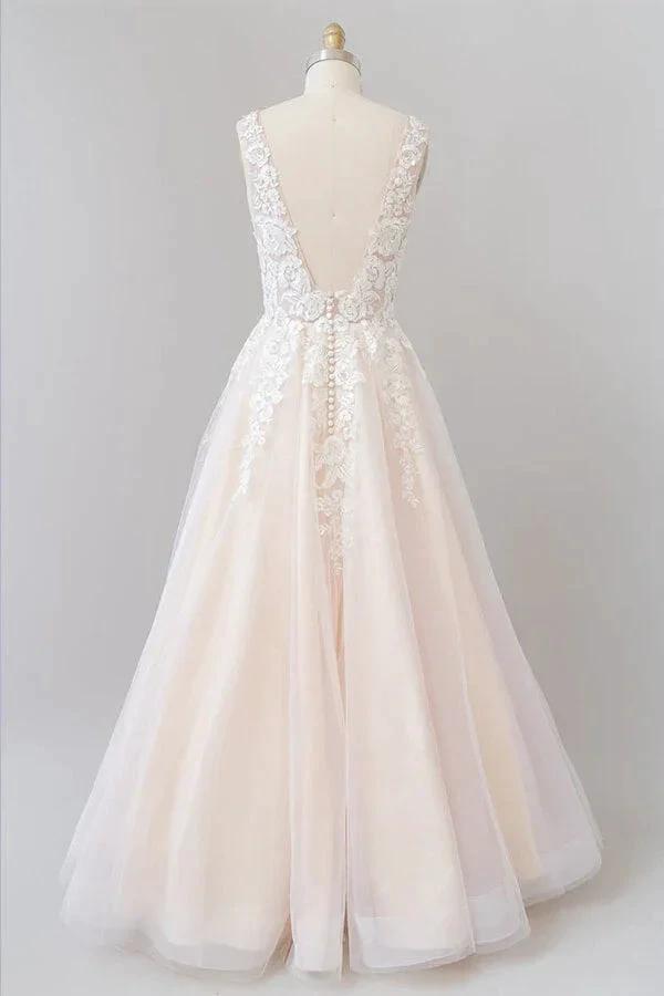 V-neck Appliques Tulle Floor length Wedding Dress (ZD13918)