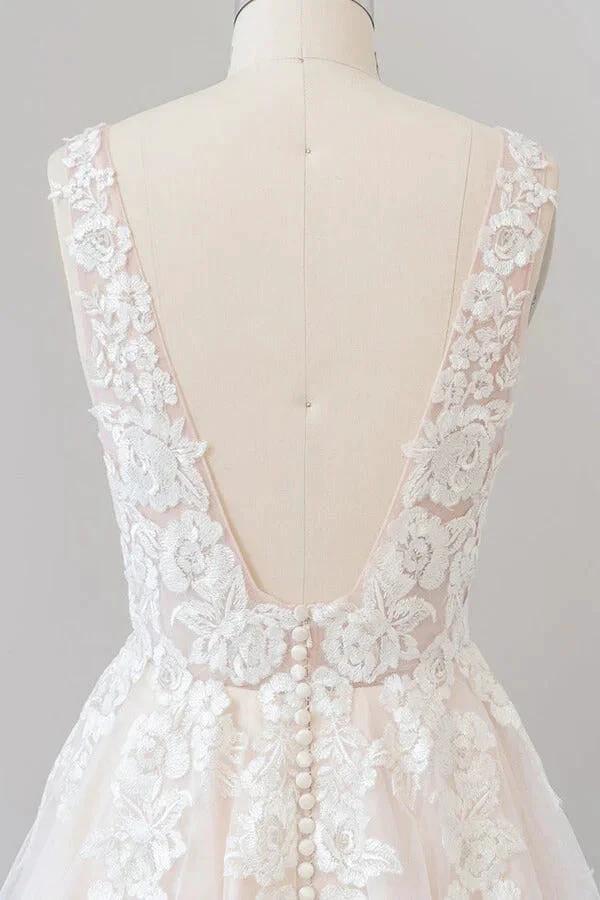 V-neck Appliques Tulle Floor length Wedding Dress (ZD13918)