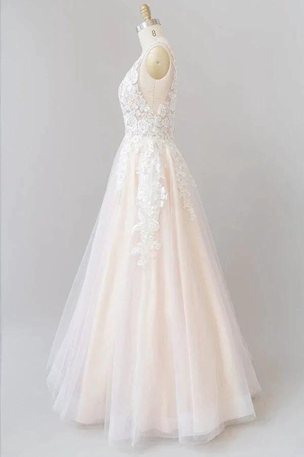 V-neck Appliques Tulle Floor length Wedding Dress (ZD13918)