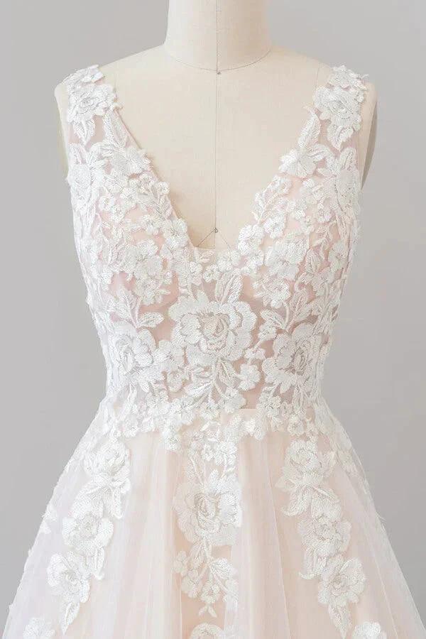 V-neck Appliques Tulle Floor length Wedding Dress (ZD13918)