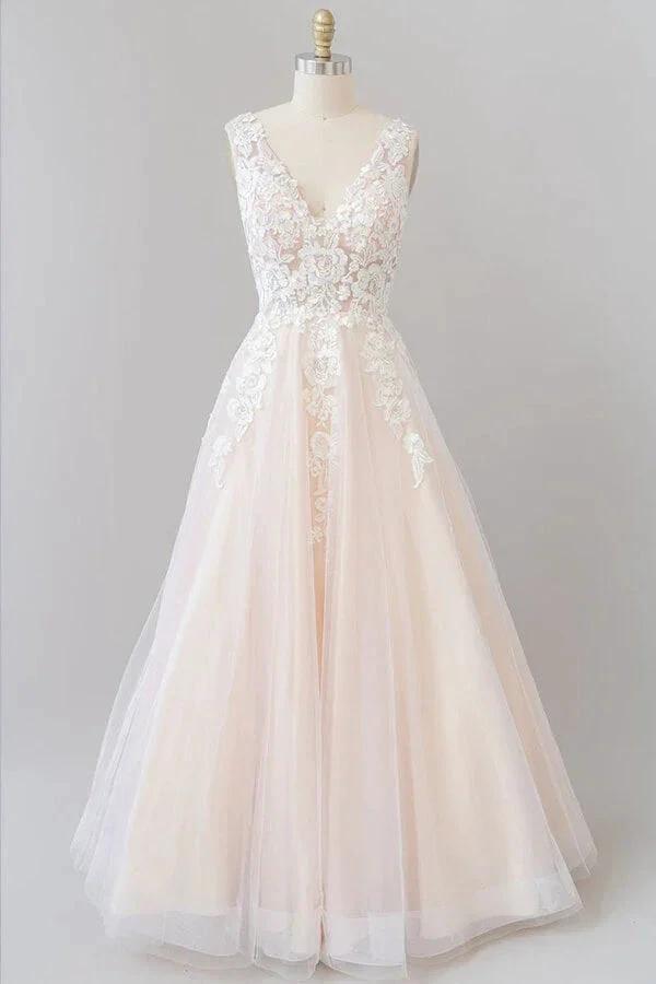 V-neck Appliques Tulle Floor length Wedding Dress by misshow.com