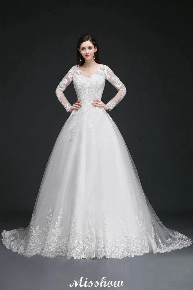 V-Neck Ball Gown Lace Tulle Wedding Dresses (ZD13930)