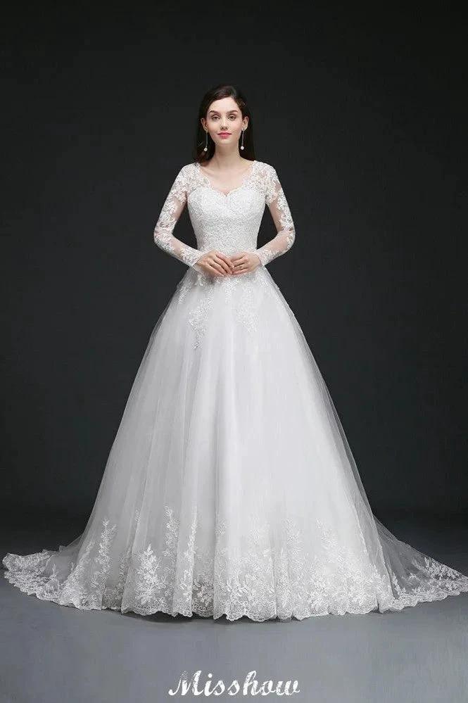 V-Neck Ball Gown Lace Tulle Wedding Dresses (ZD13930) - VelvetHem