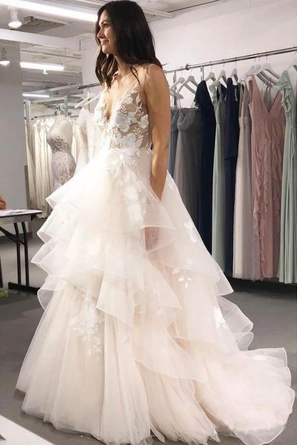 V Neck Ball Gown Wedding Dresses Layered Skirt Wedding Dress WD345 by pgmdress