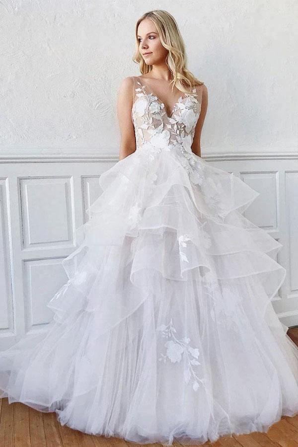 V Neck Ball Gown Wedding Dresses Layered Skirt Wedding Dress WD345 by pgmdress