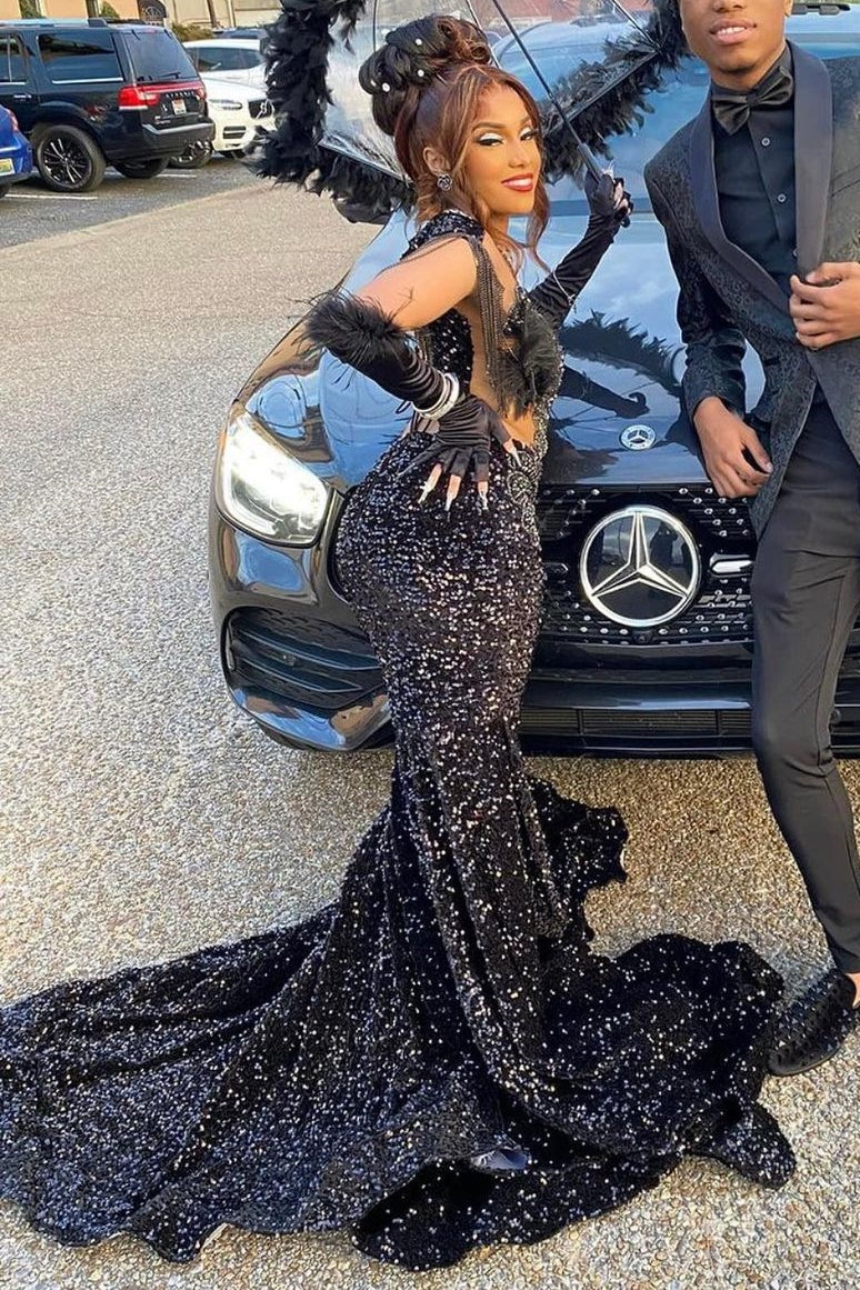 V-Neck Beaded Sequined Mermaid Long Prom Dresses