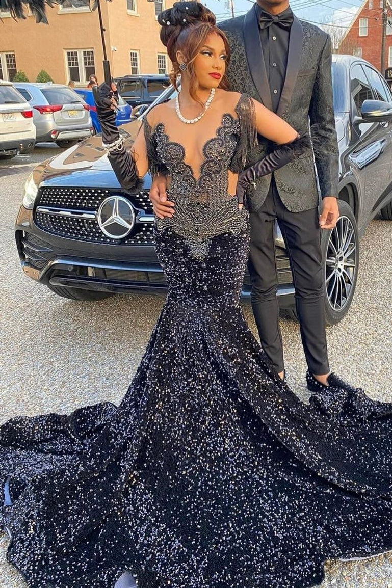 V-Neck Beaded Sequined Mermaid Long Prom Dresses