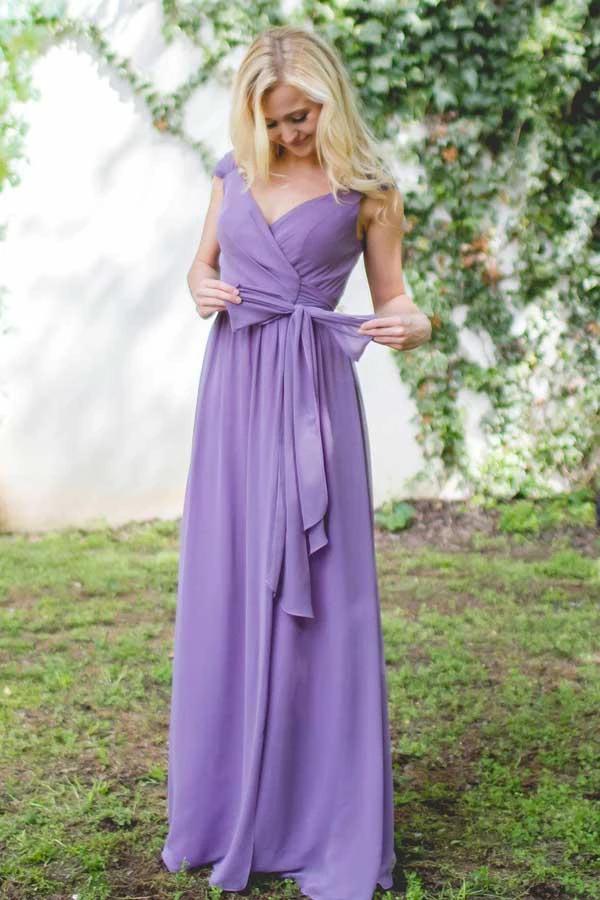 V-Neck Cap Sleeves Lace-Up Purple Long Chiffon Bridesmaid Dress (ZD13219)