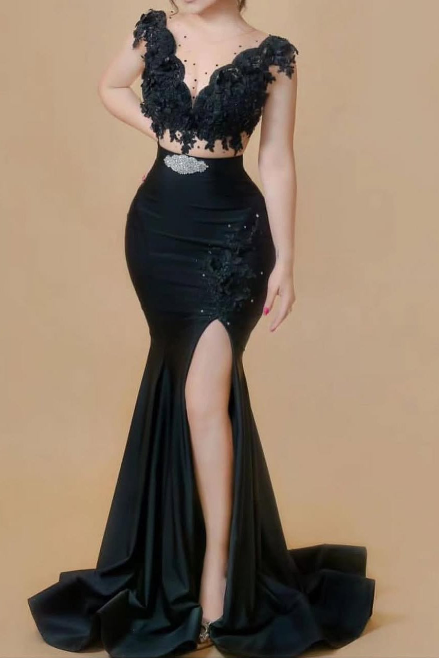 V-Neck Cap sleeves Mesh Black High Split Prom Dresses
