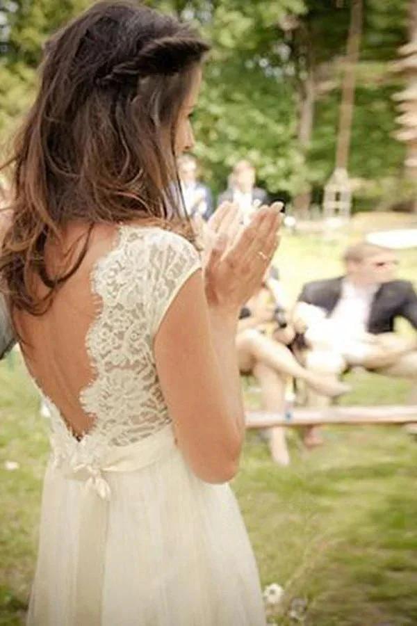 V-neck Cap Sleeves Sweep Train Backless Wedding Dress With Sash (ZD16304)