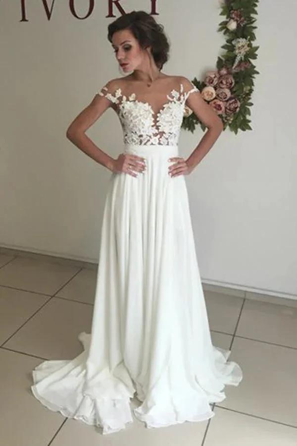 V-neck Cap Sleeves Sweep Train Ivory Wedding Dress with Appliques (ZD16279)