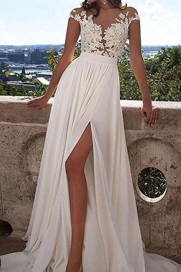 V-neck Cap Sleeves Sweep Train Ivory Wedding Dress with Appliques (ZD16279)