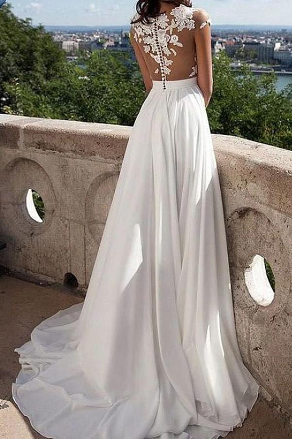 V-neck Cap Sleeves Sweep Train Ivory Wedding Dress with Appliques (ZD16279)