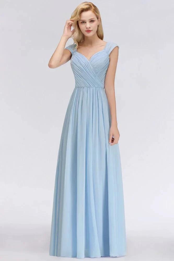 V-Neck Chiffon aline Bridesmaid Dress Sky Blue Floor Length Evening Swing Dress by misshow.com