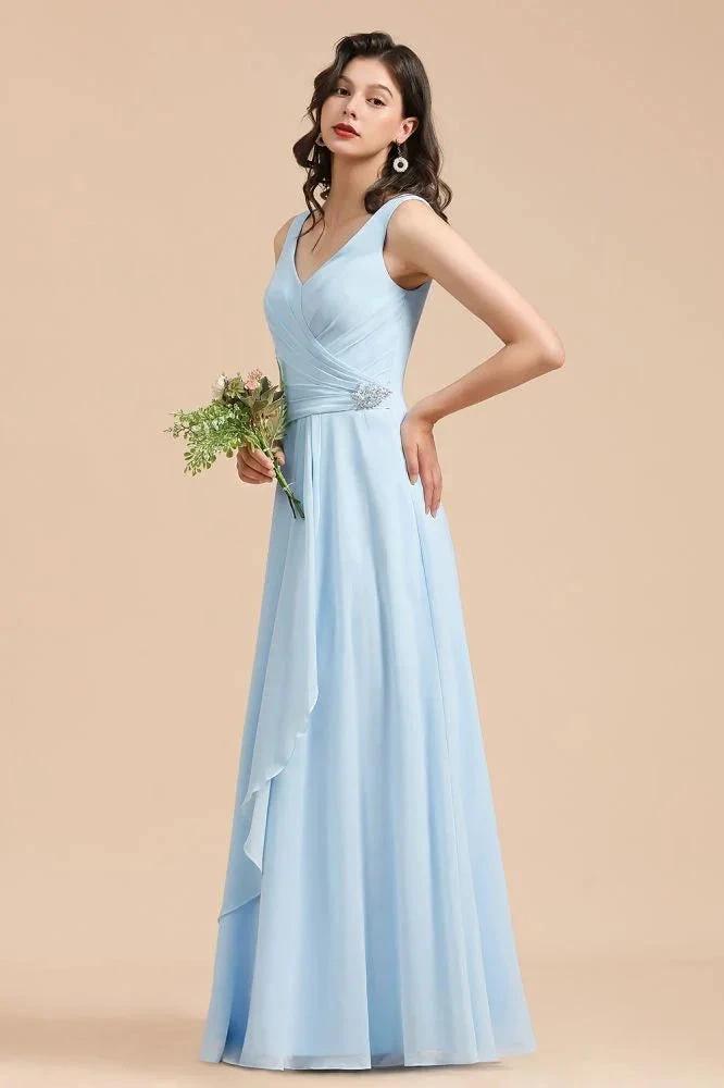V-Neck Chiffon Aline Bridesmaid Dress Sleeveless Floor Length Simple Wedding Dress (ZD13096)