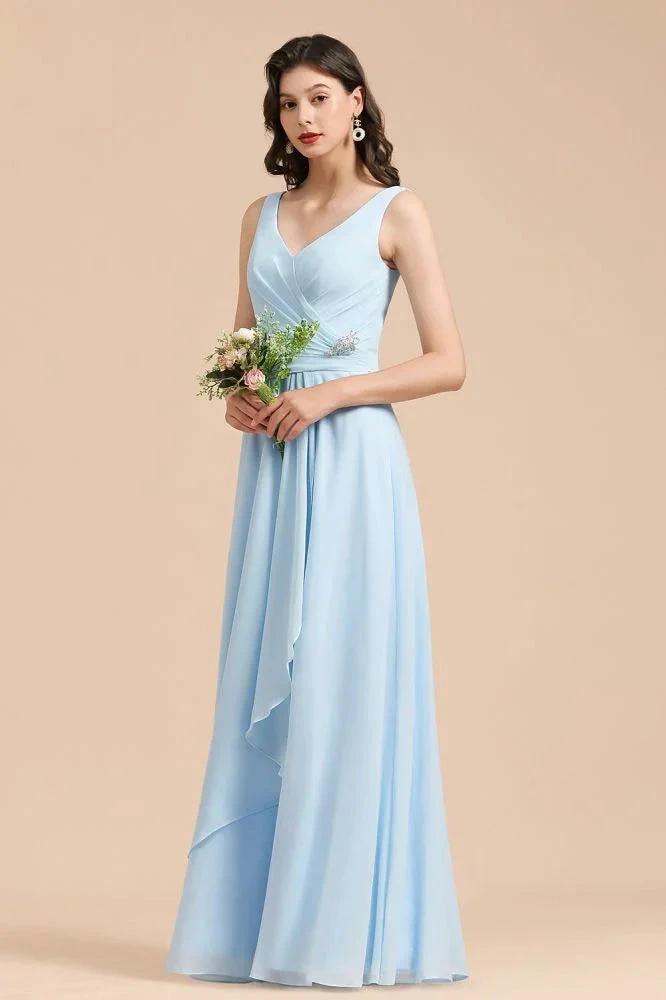 V-Neck Chiffon Aline Bridesmaid Dress Sleeveless Floor Length Simple Wedding Dress (ZD13096)