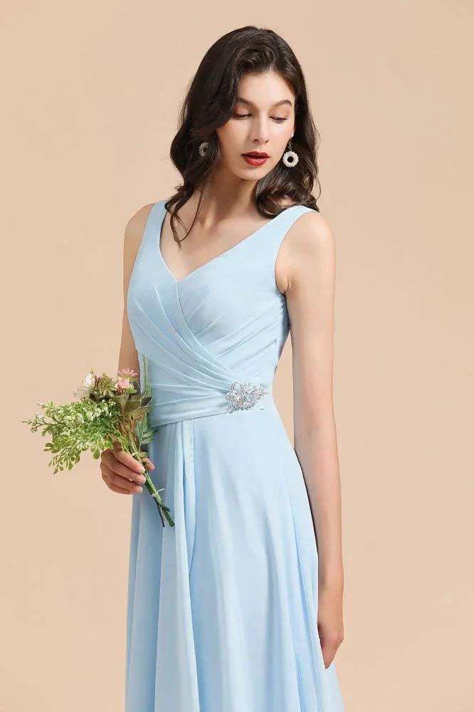 V-Neck Chiffon Aline Bridesmaid Dress Sleeveless Floor Length Simple Wedding Dress (ZD13096)