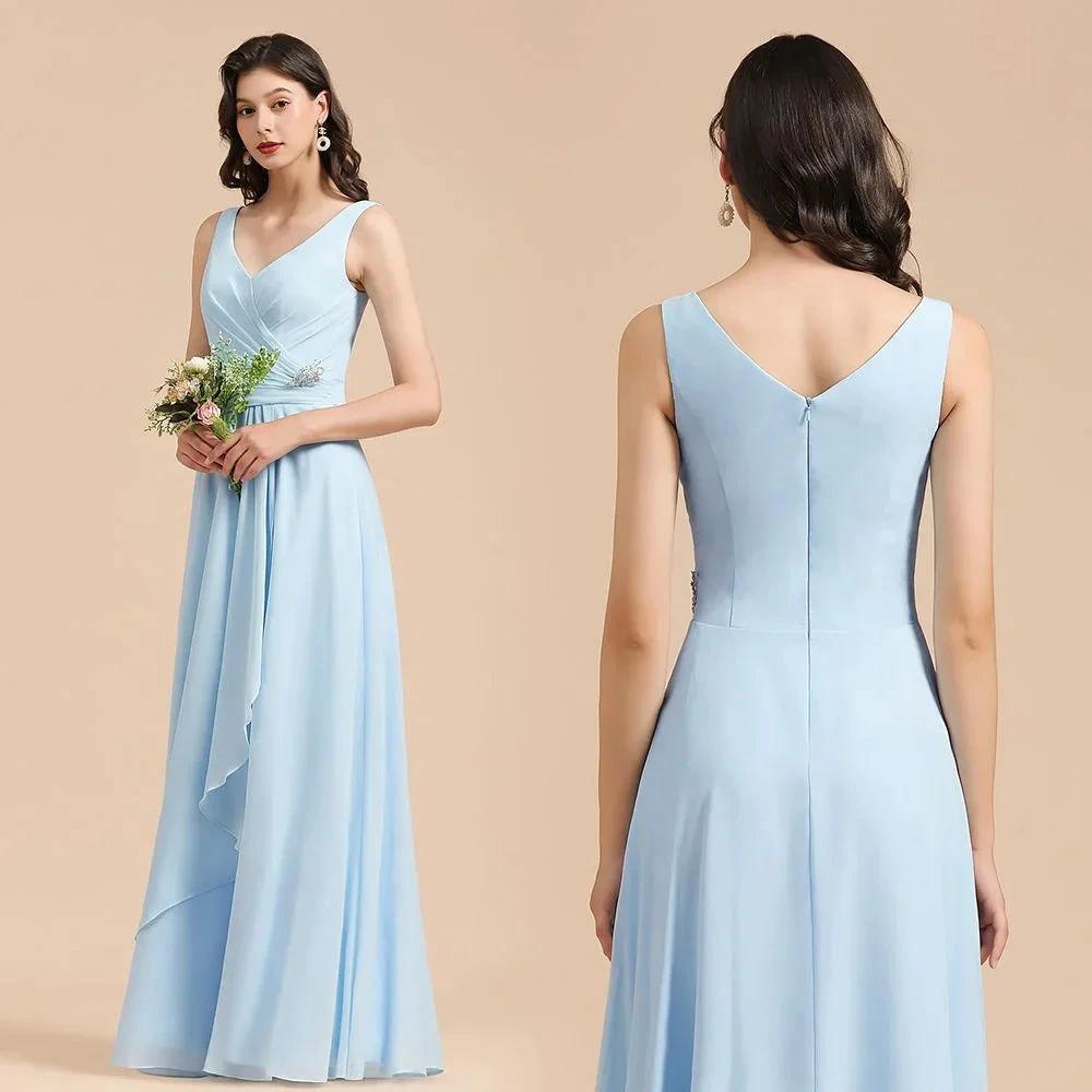 V-Neck Chiffon Aline Bridesmaid Dress Sleeveless Floor Length Simple Wedding Dress (ZD13096)