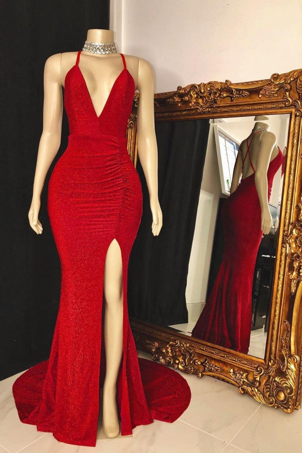 V-Neck Cross Back Sleeveless Long Mermaid Prom Dresses
