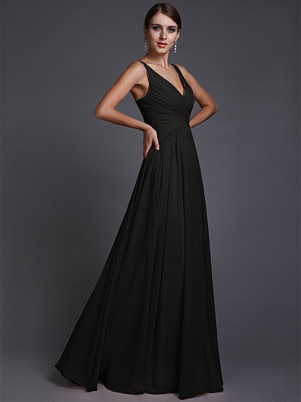 V-Neck Elegant Sleeveless Long Ruffles Chiffon Bridesmaid Dresses