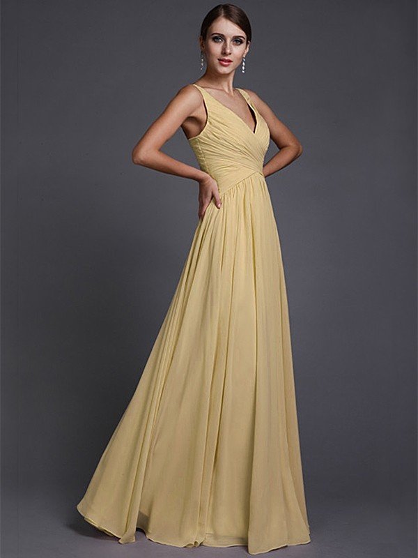 V-Neck Elegant Sleeveless Long Ruffles Chiffon Bridesmaid Dresses