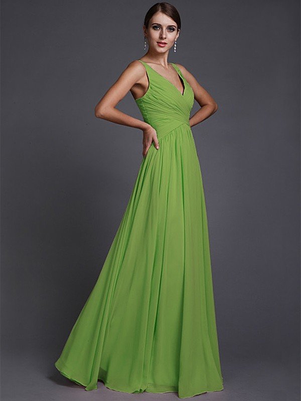 V-Neck Elegant Sleeveless Long Ruffles Chiffon Bridesmaid Dresses