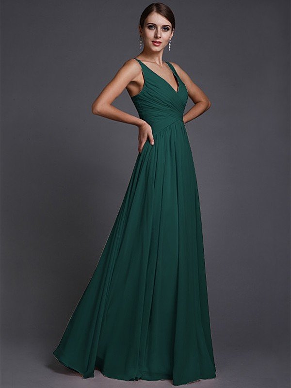 V-Neck Elegant Sleeveless Long Ruffles Chiffon Bridesmaid Dresses