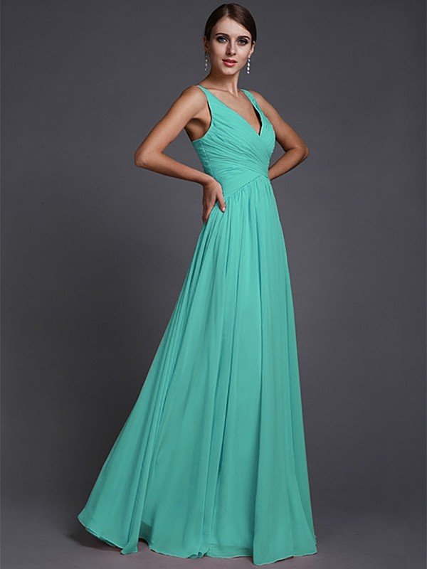 V-Neck Elegant Sleeveless Long Ruffles Chiffon Bridesmaid Dresses